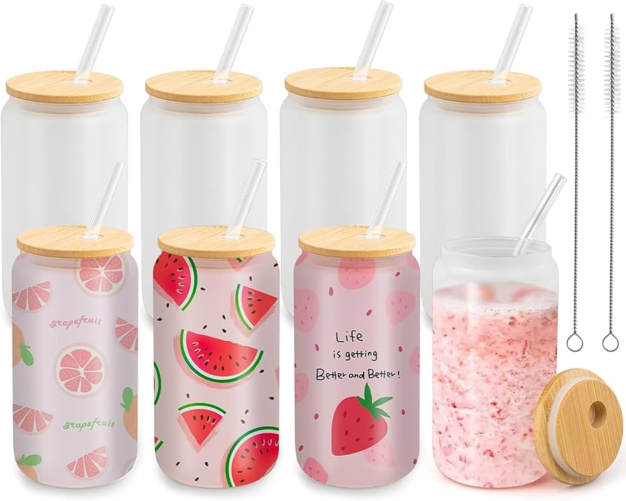 Frosted Glass Cans with Bamboo Lid & Straw 16oz - Custom Printed