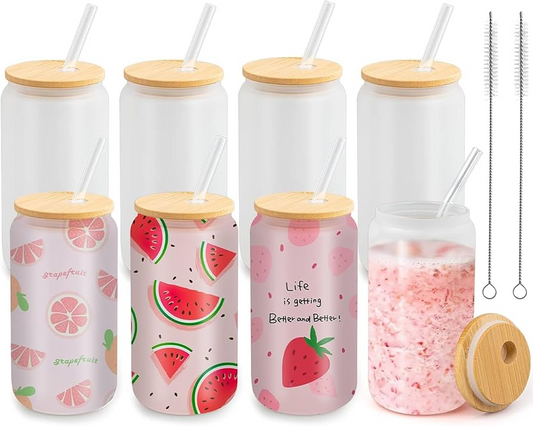 Frosted Glass Cans with Bamboo Lid & Straw 16oz - Custom Printed