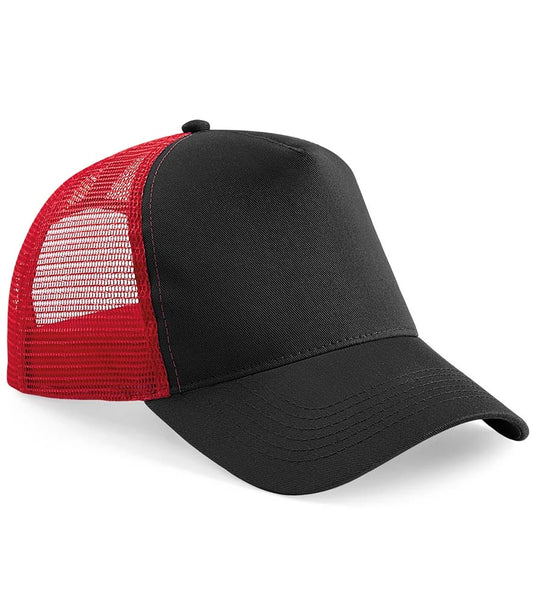 Black and red mesh trucker cap on a white background