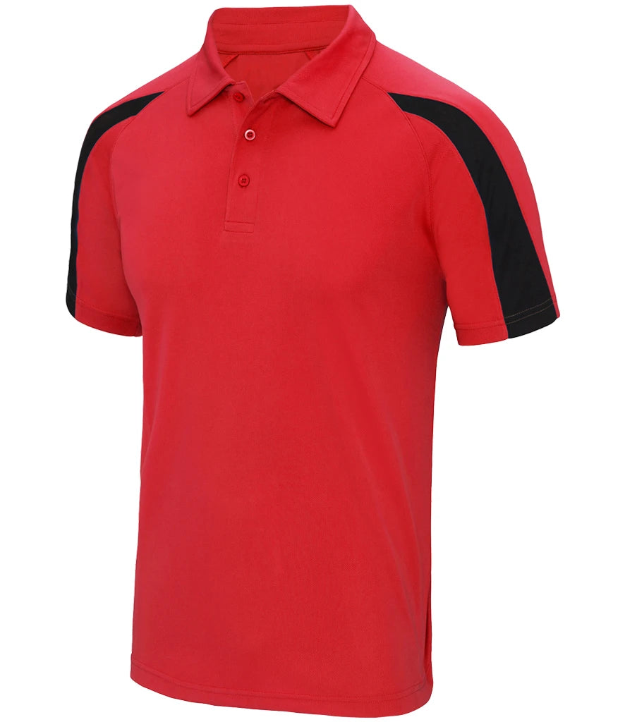 Red polo shirt with black sleeves on a white background