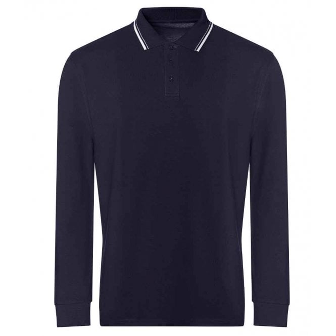AWDis long sleeved tipped 100 polo shirt oxford navy/white custom print