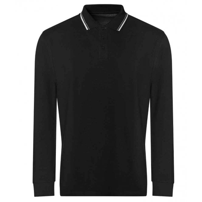 AWDis long sleeved tipped 100 polo shirt deep black/white custom print