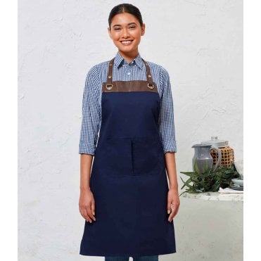 Premier espresso bib apron, navy/brown, custom printed workwear