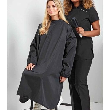Premier waterproof long sleeve salon gown, black, custom printed