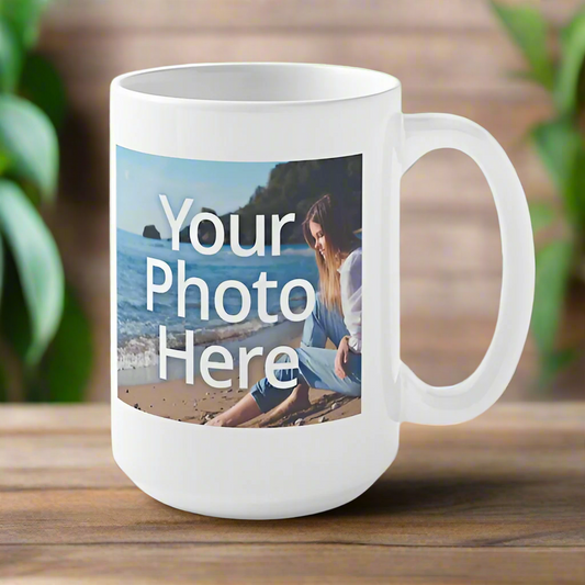 White mug with text 'Your Photo or logo Here' printed on it.