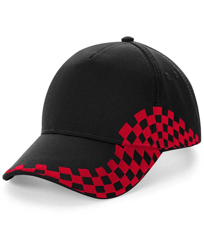 Black cap with red and black checkered Grand Prix brim on a white background