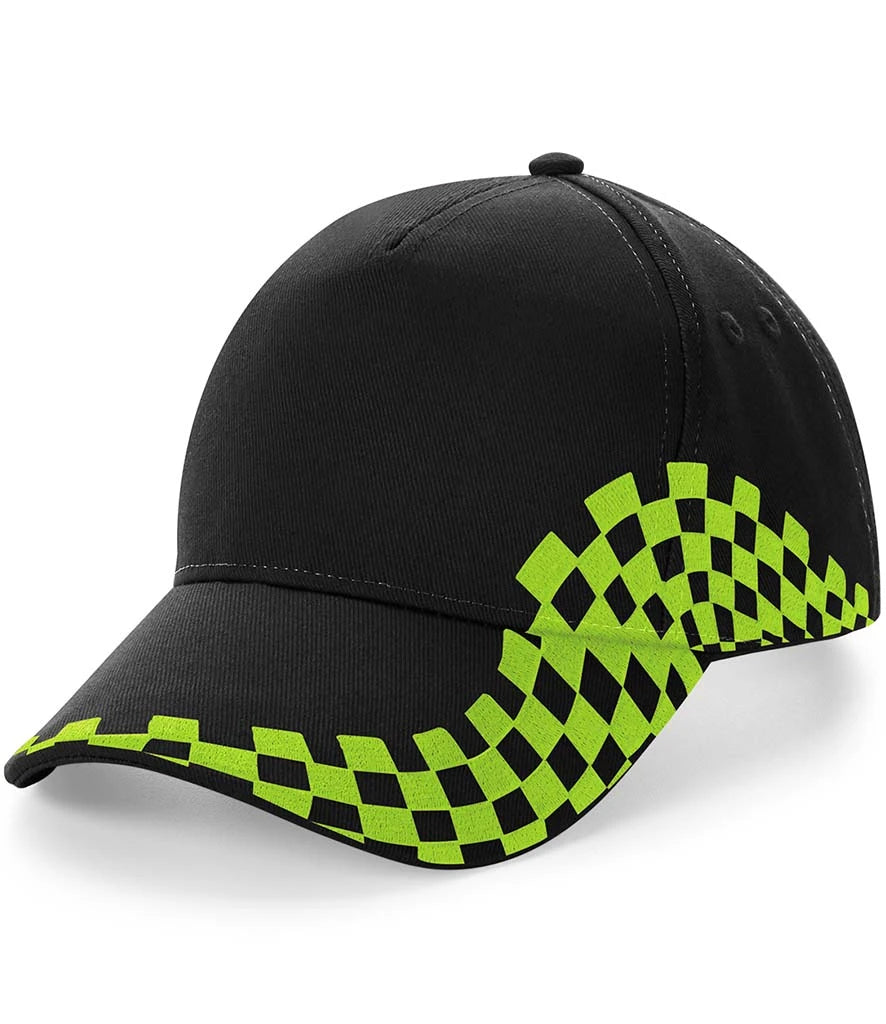 Black cap Grand Prix lime green checkered pattern
