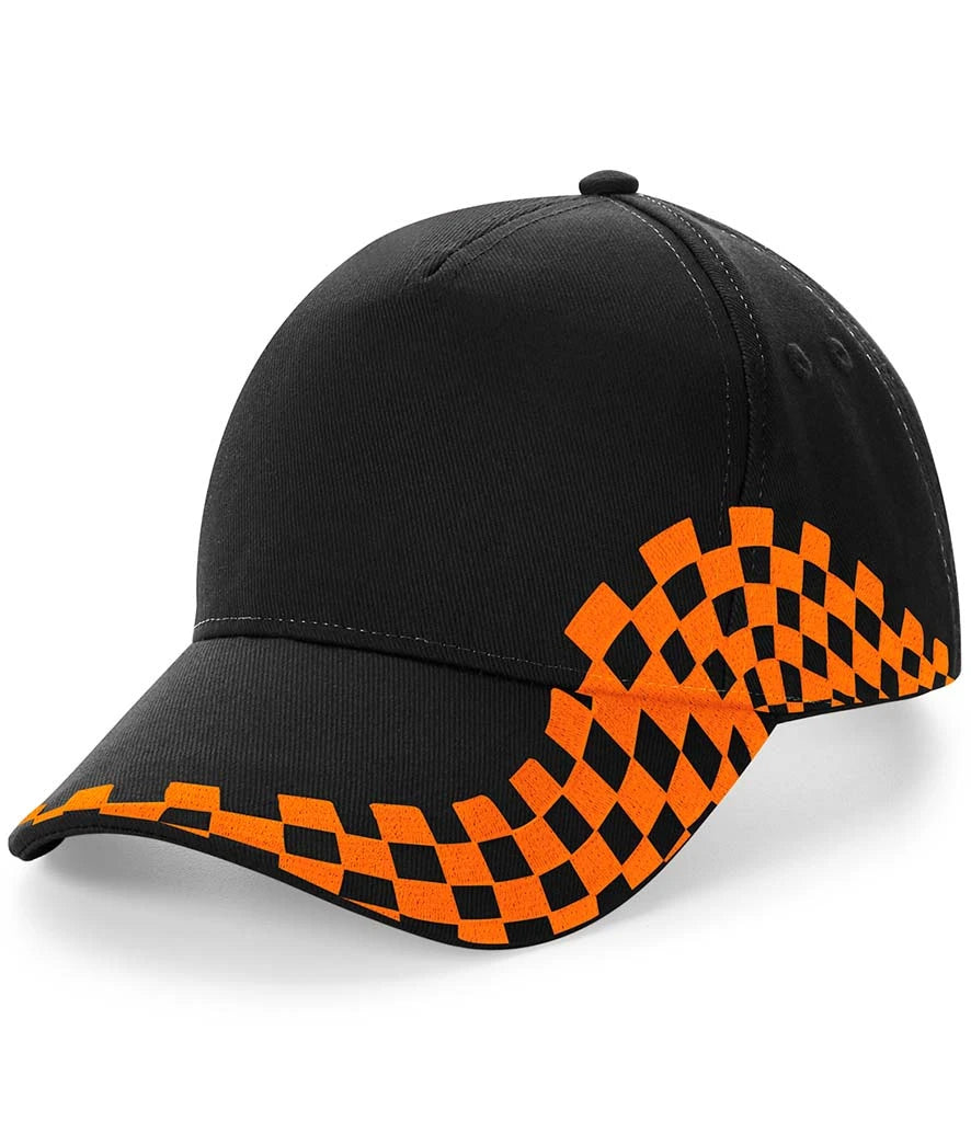 Black cap with orange and black checkered Grand Prix  pattern on a white background