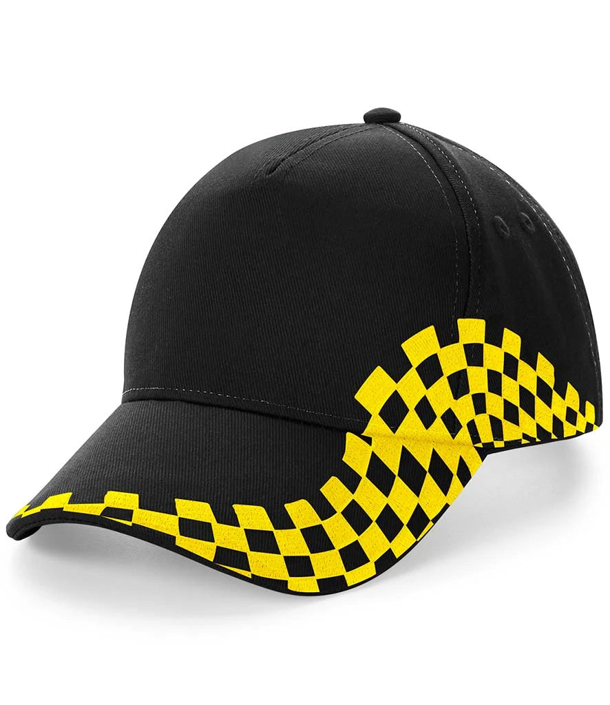 Black cap with yellow and black checkered Grand Prix  pattern on a white background