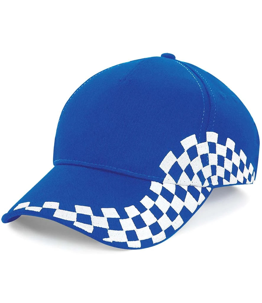 Blue cap with a white checkered Grand Prix pattern on a white background