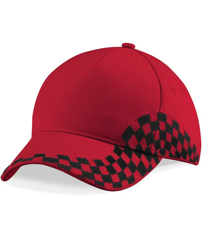 Red cap with black checkered Grand Prix pattern on a white background