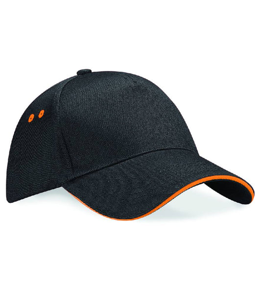Black cap with orange trim on a white background