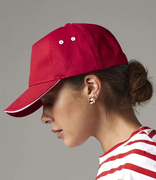 Person wearing a red cap with white accents on a gray background