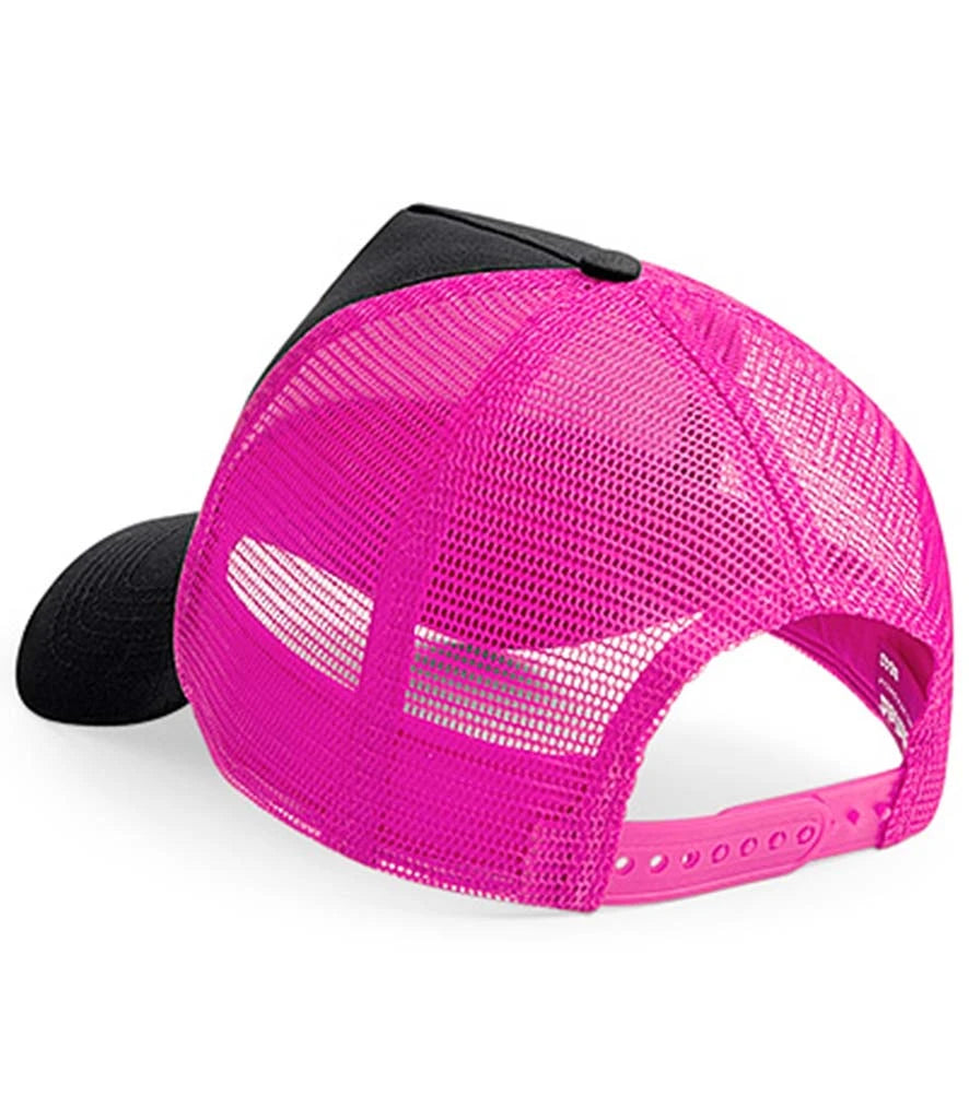 Back of pink and black mesh trucker cap on a white background