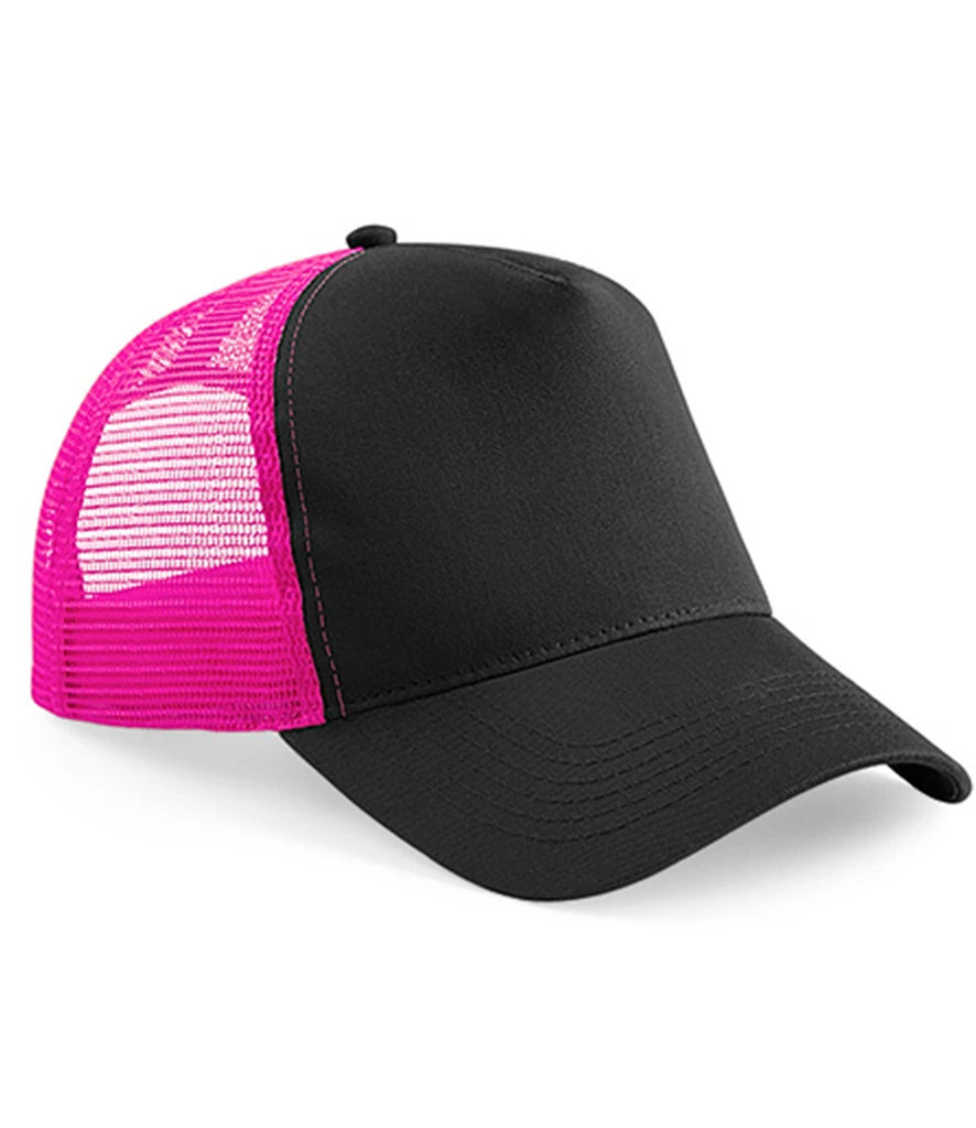 Black cap with pink  trucker mesh back on a white background