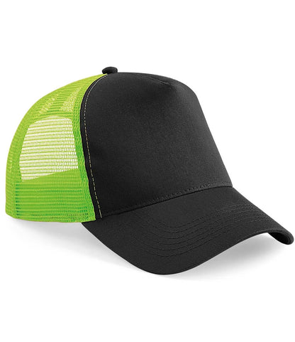 Black and green trucker mesh cap on a white background
