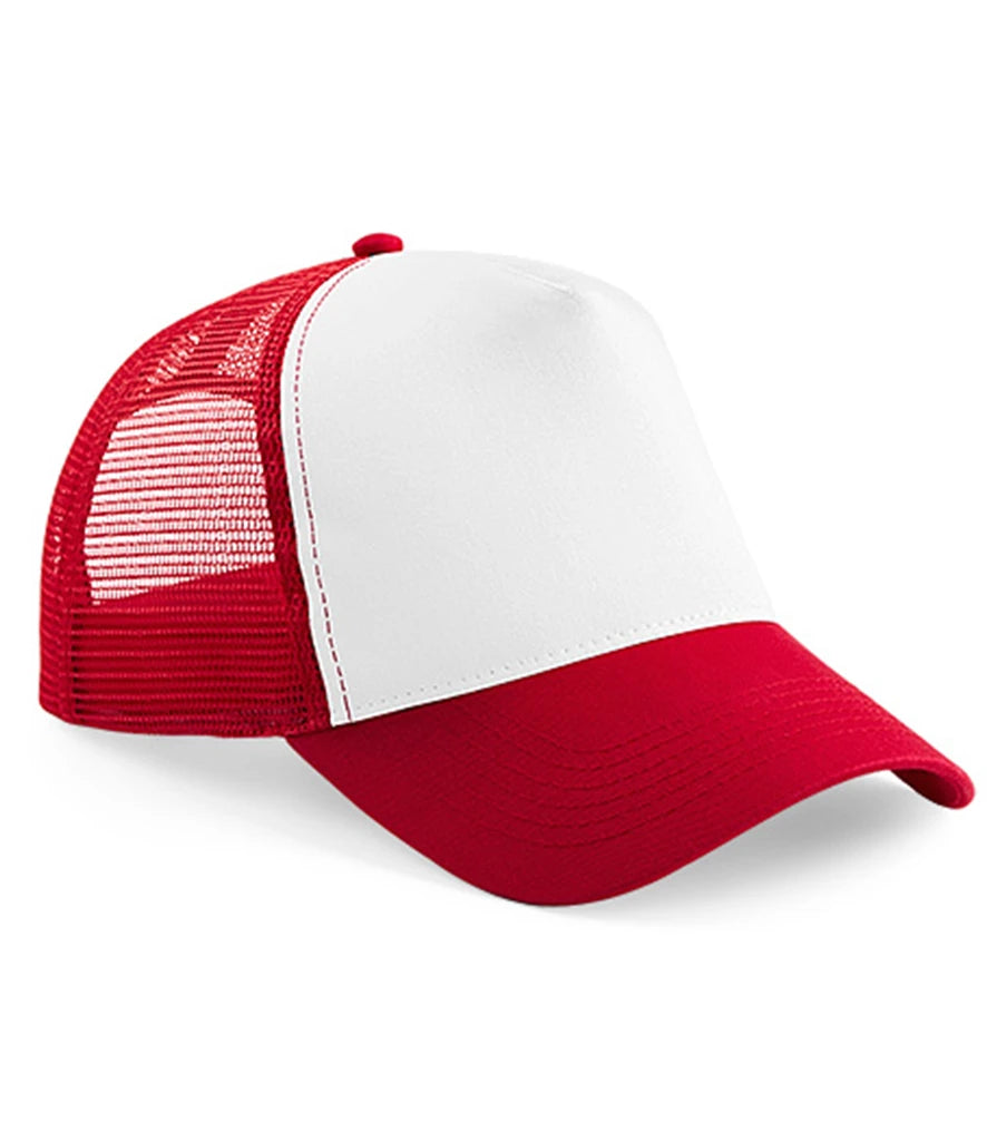 Red and white trucker cap on a white background