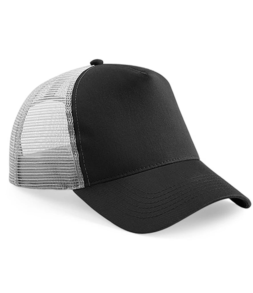 Black and gray trucker mesh cap on a white background