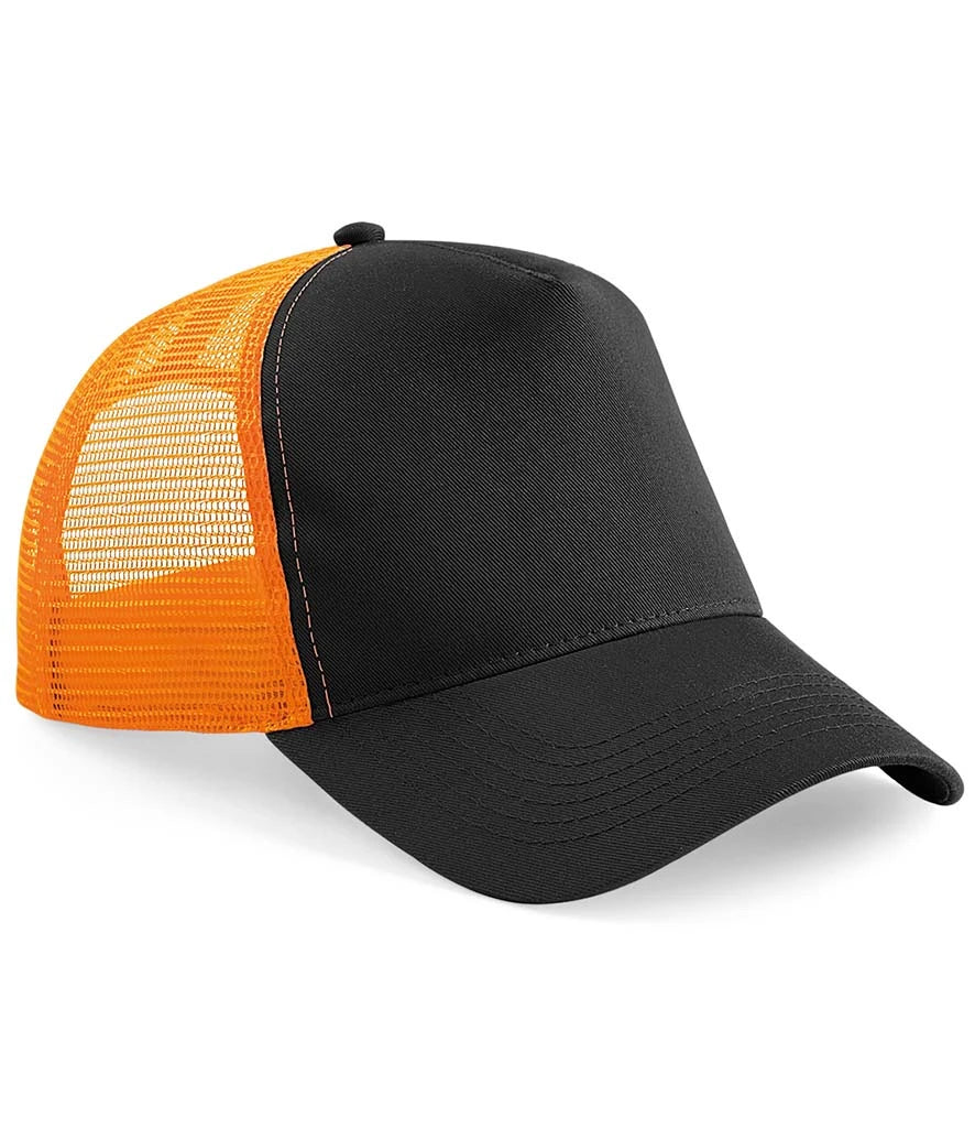 Black and orange trucker mesh cap on a white background