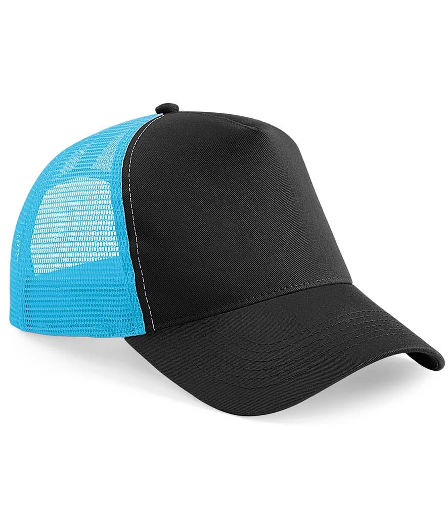 Black cap with blue trucker mesh back on a white background