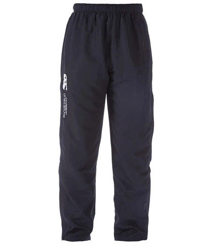 Black pants with a logo on the side against a white background