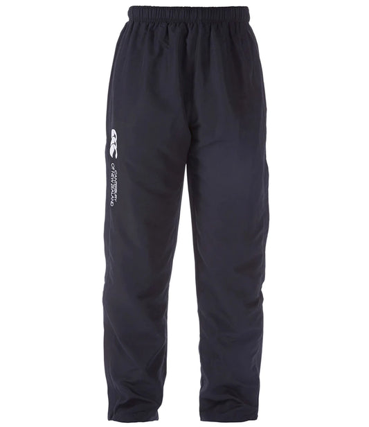 Black pants with a logo on the side against a white background