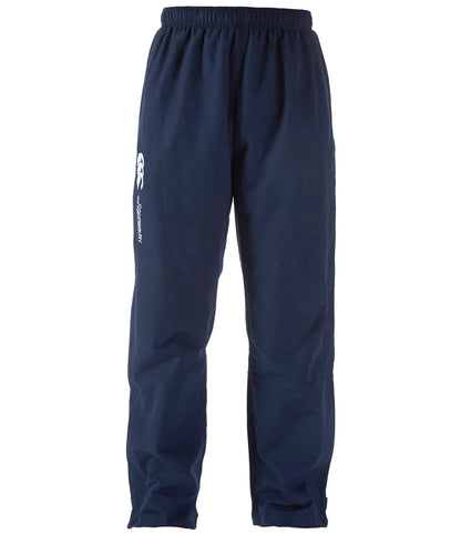 Navy blue pants with a white logo on a white background