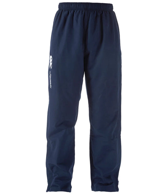 Navy blue pants with a white logo on a white background