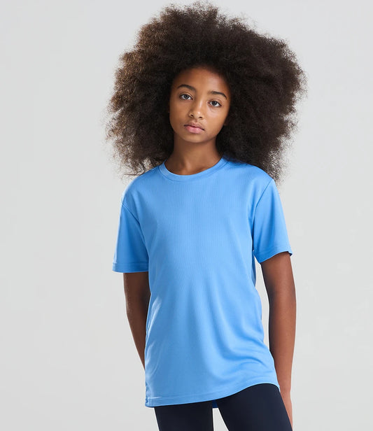 Person wearing a blue t-shirt against a plain background