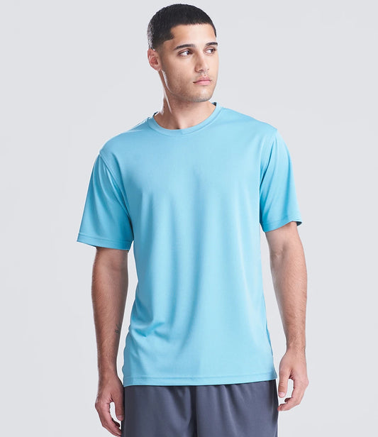 Man wearing a light blue t-shirt against a plain background