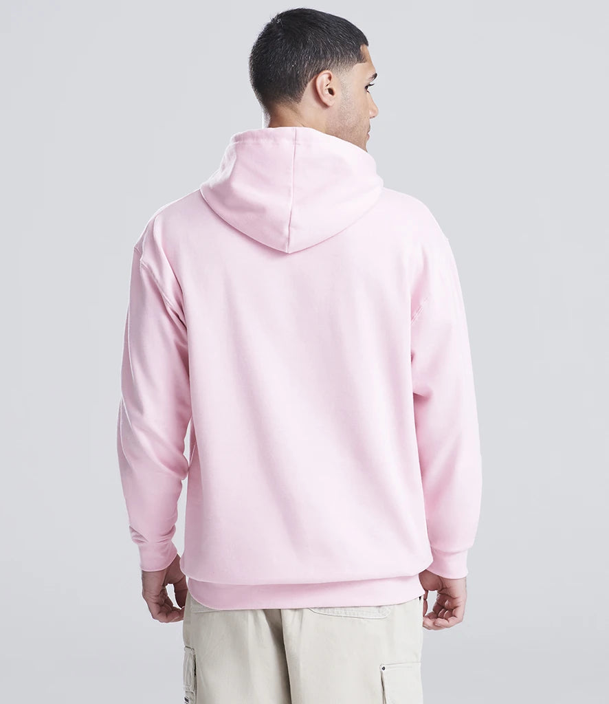 Person wearing a pink hoodie from behind on a light gray background