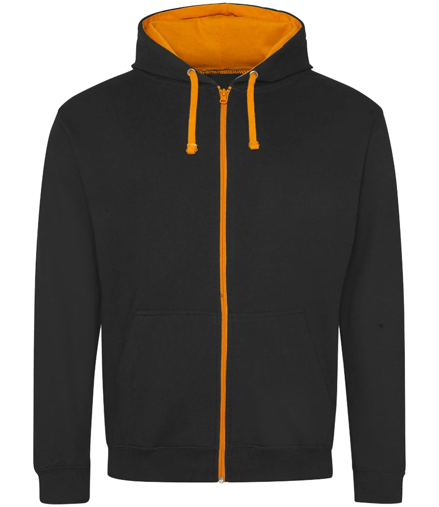 Black hoodie with orange zipper and lining on a white background