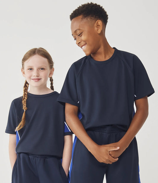 Two children wearing navy blue outfits with a white background