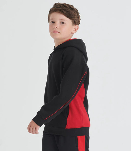 Child wearing a black and red hoodie on a white background