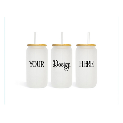 Frosted Glass Cans with Bamboo Lid & Straw 16oz - Custom Printed