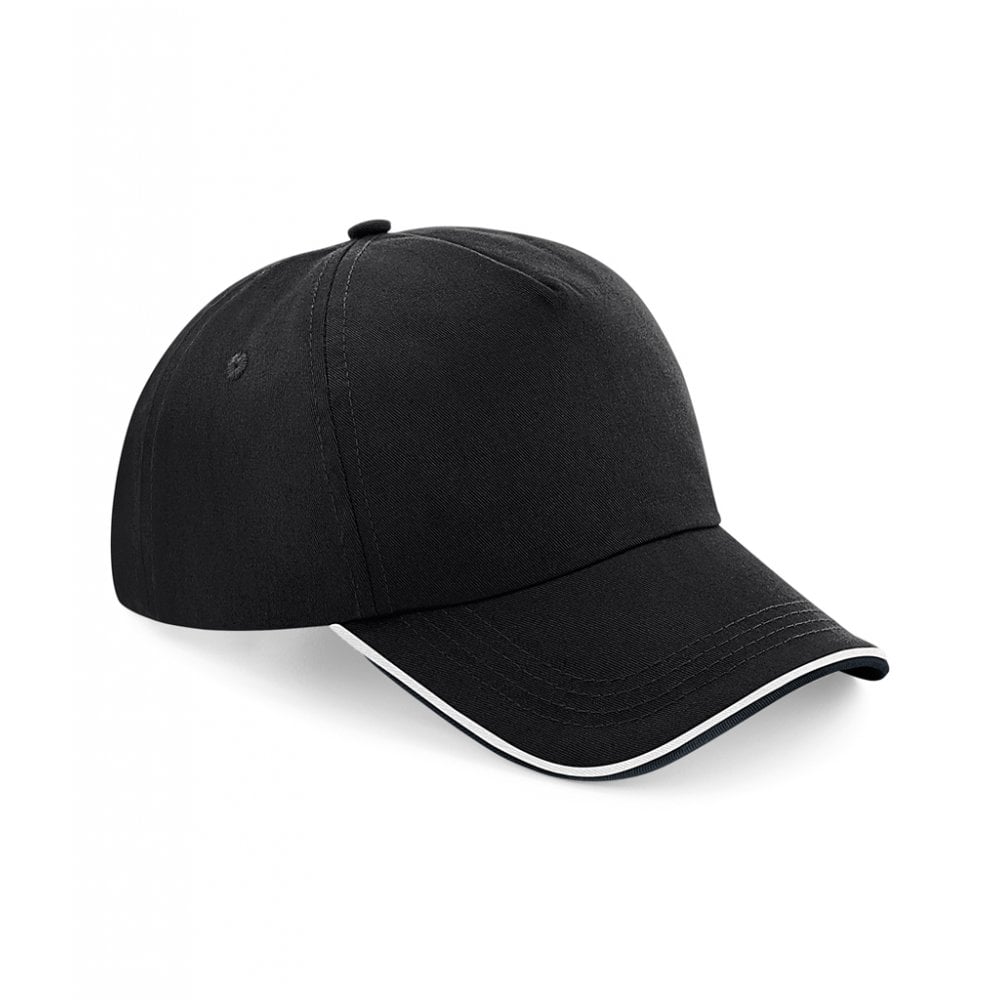 Beechfield authentic piped 5 panel cap, black/white, custom printed, personalised