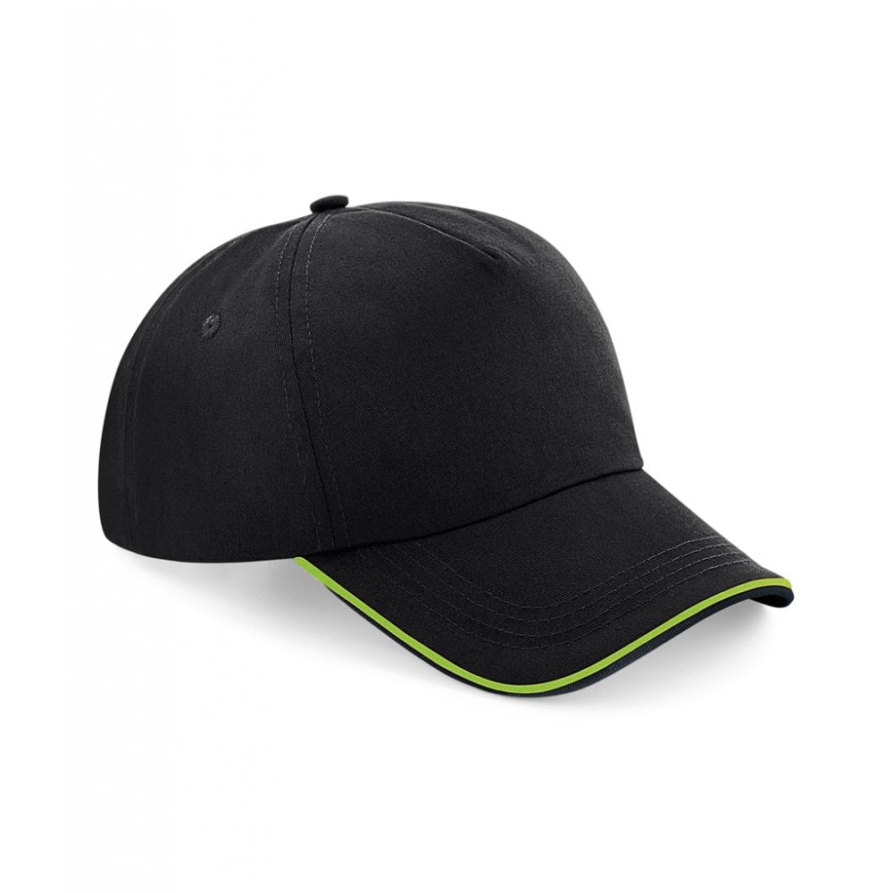 Beechfield authentic piped 5 panel cap, black/green, custom printed, personalised