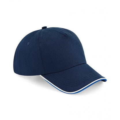 Beechfield authentic piped 5 panel cap, navy/blue/white, custom printed, personalised