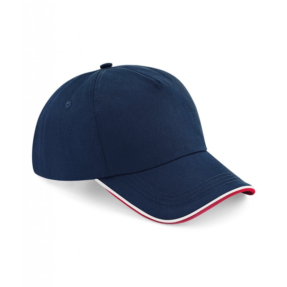 Beechfield authentic piped 5 panel cap, navy/white/red, custom printed, personalised