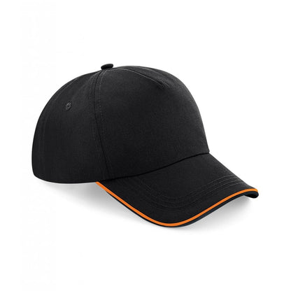 Beechfield authentic piped 5 panel cap, black/orange, custom printed, personalised