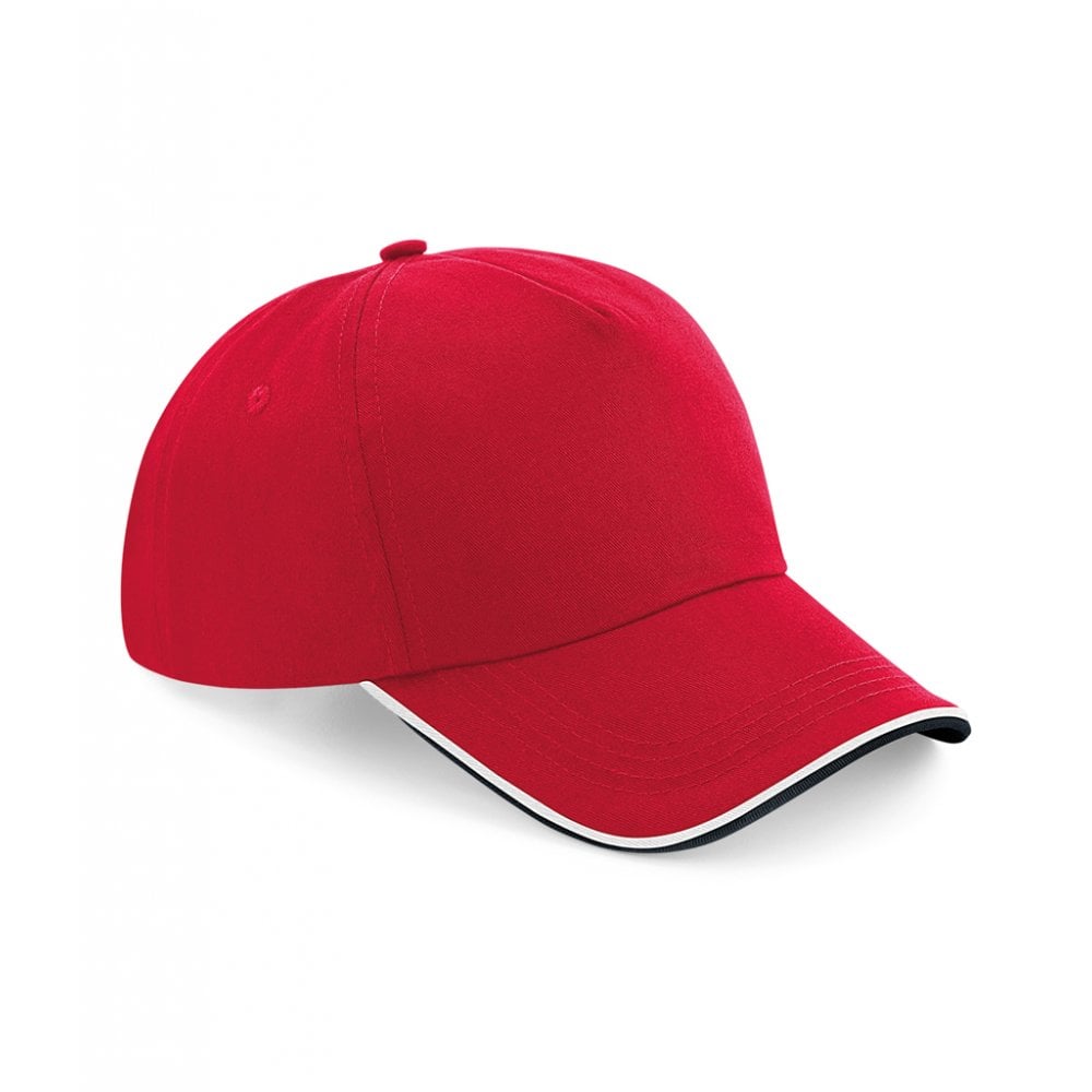 Beechfield authentic piped 5 panel cap, red/white/navy, custom printed, personalised