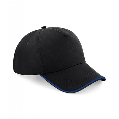 Beechfield authentic piped 5 panel cap, black/blue, custom printed, personalised