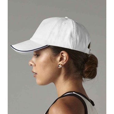 Beechfield authentic piped 5 panel cap, white/navy, custom printed, personalised