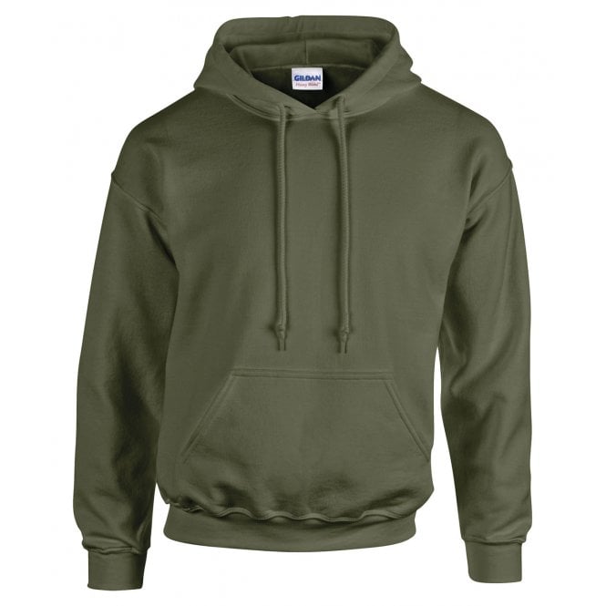 Gildan heavy blend hooded sweatshirt, military green, custom printed workwear