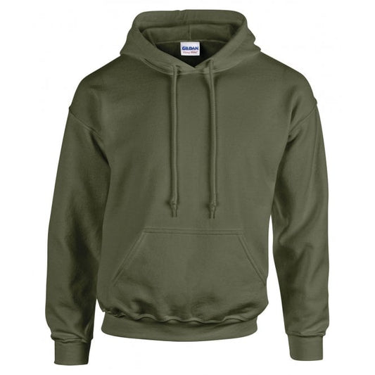 Gildan heavy blend hooded sweatshirt, military green, custom printed workwear