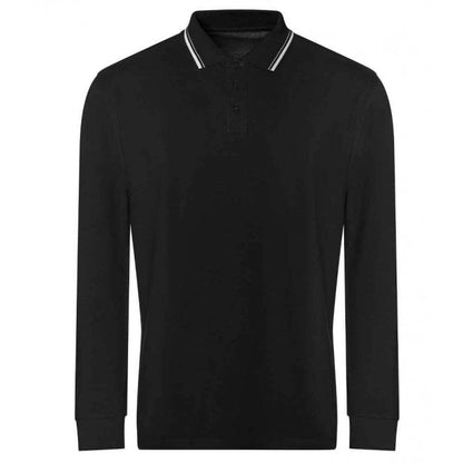 AWDis long sleeved tipped 100 polo shirt deep black/white custom print