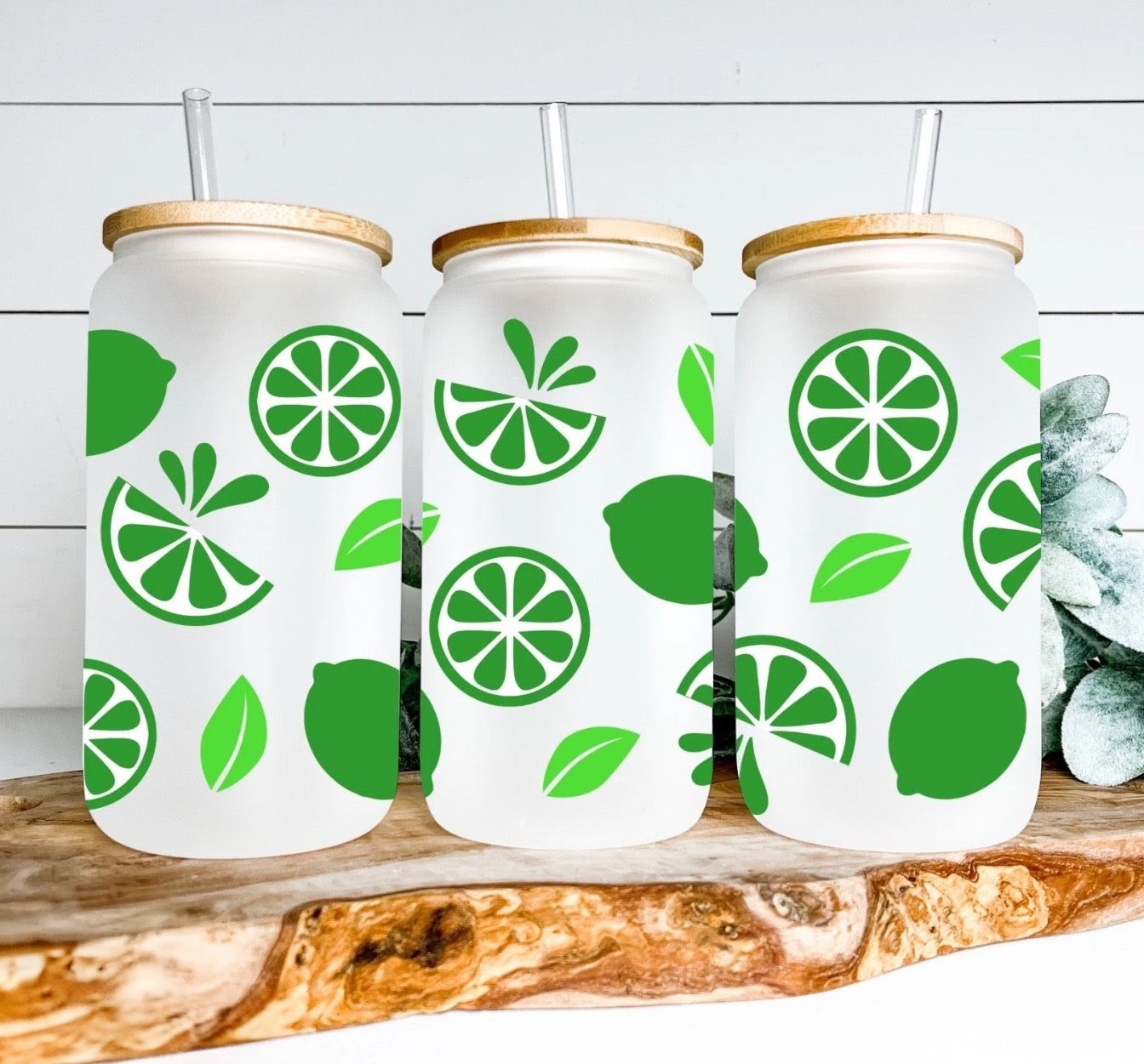 Frosted Glass Cans with Bamboo Lid & Straw 16oz