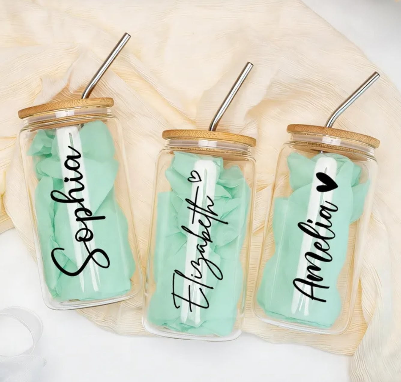 Frosted Glass Cans with Bamboo Lid & Straw 16oz