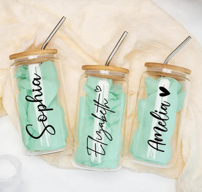 Frosted Glass Cans with Bamboo Lid & Straw 16oz