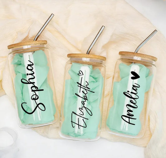 Frosted Glass Cans with Bamboo Lid & Straw 16oz